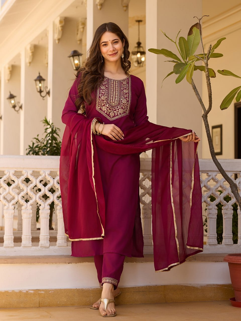 Rayon Embroided Maroon 3Pcs