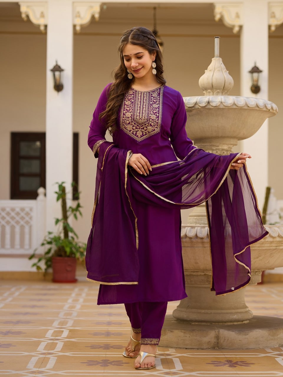 Rayon Embroided Purple 3Pcs