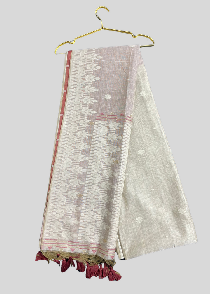 Cream soft muga cotton saree with jamdani weaving work [ SKU: S103052 ]