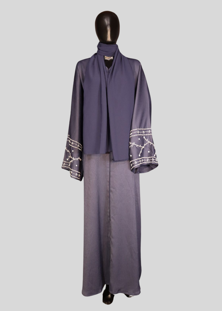 Navy Blue Premium Elegant Designer Abaya In Korean Zoom Fabric with Matching Georgette Hijab.