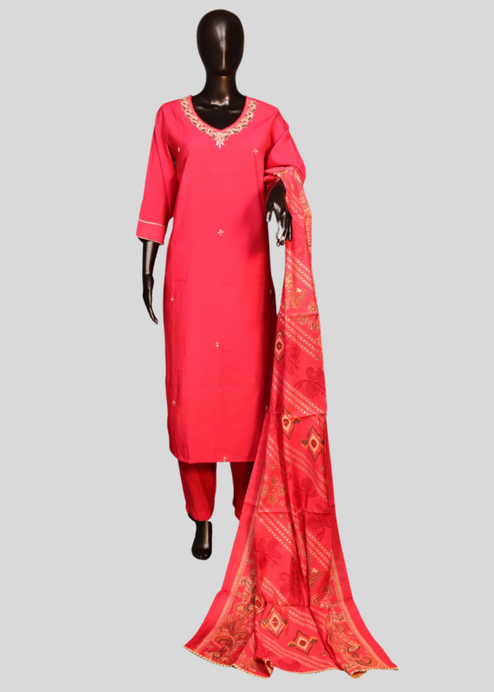 Hot Pink Roman Silk Salwar Suit With Neck Work