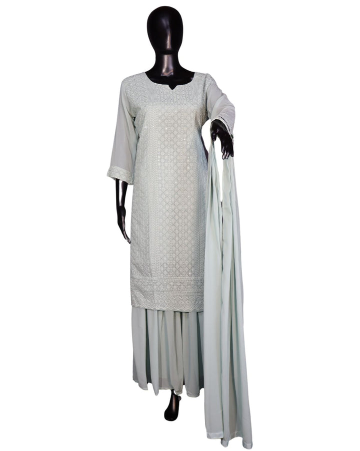 Baby Blue Faux georgette Schiffli Worked Sharara Suit