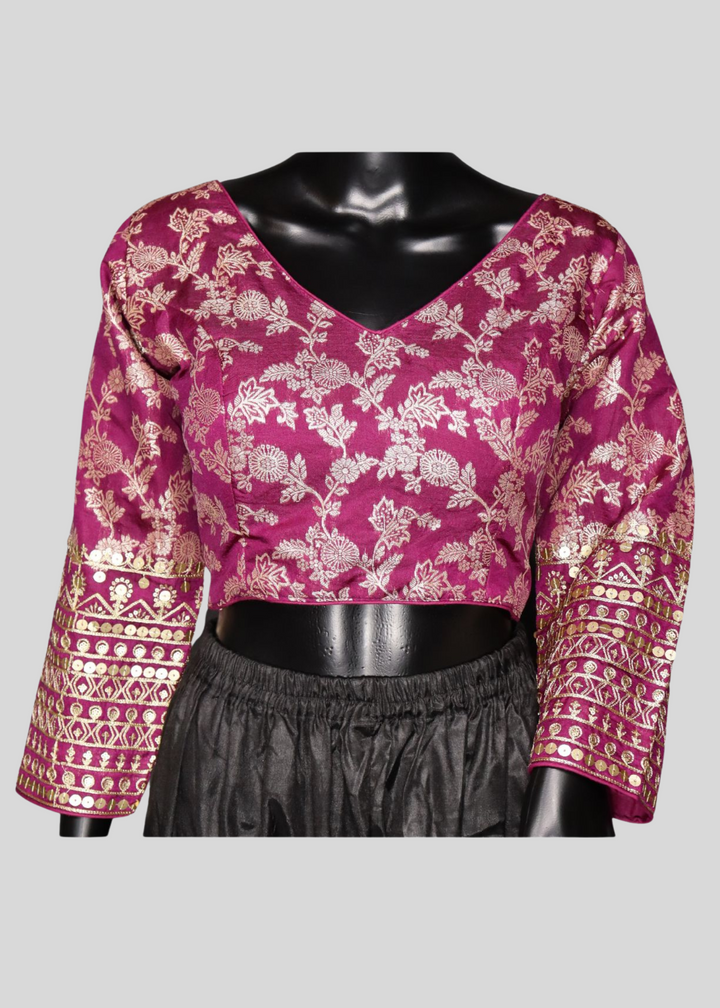Wine Dola Silk Readymade Blouse With Embroidery & Sequin Work