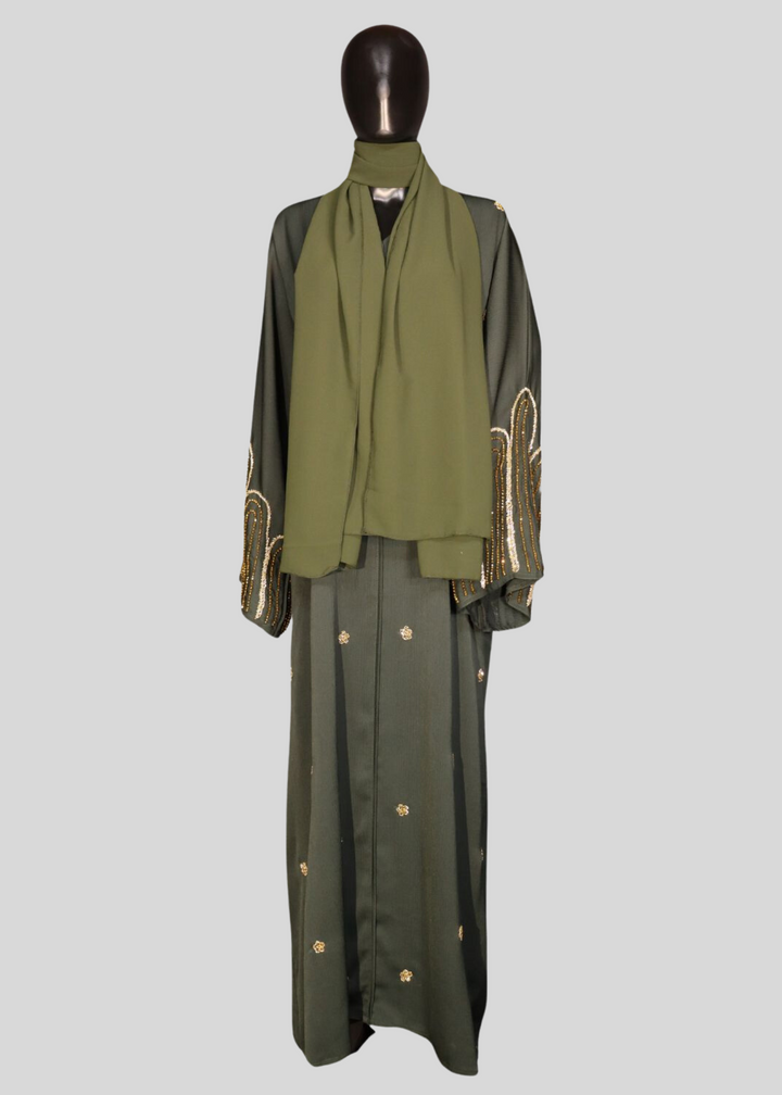 Green Premium Elegant Designer Green Abaya In Korean Zoom Fabric with Matching Georgette Hijab. [SKU A100300]