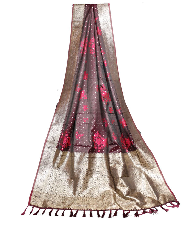 Maroon kanjivaram satin silk saree with zari weaving border & designer rich pallu