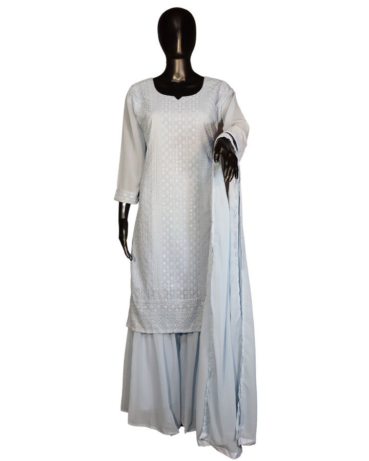 Baby Blue Faux georgette Schiffli Worked Sharara Suit