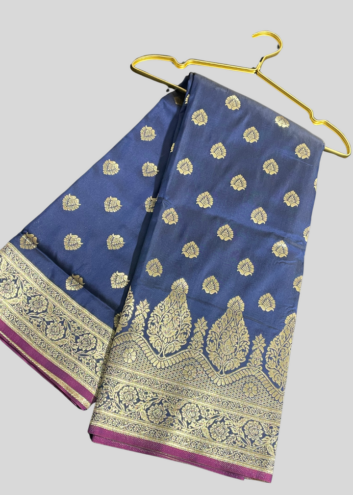 Navu blue banarasi lichi silk saree with zari weaving work [SKU:S100802]
