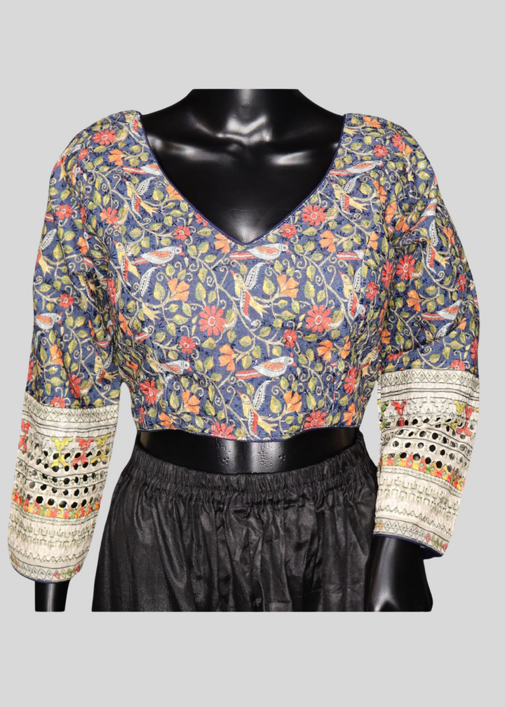 Navy Blue Chikankari With Kalamkari Print Readymade Blouse