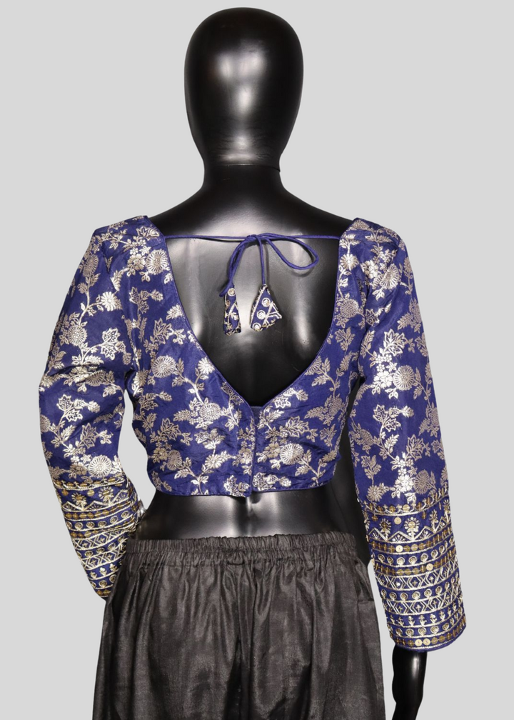 Navy Blue Dola Silk Readymade Blouse With Embroidery & Sequin Work