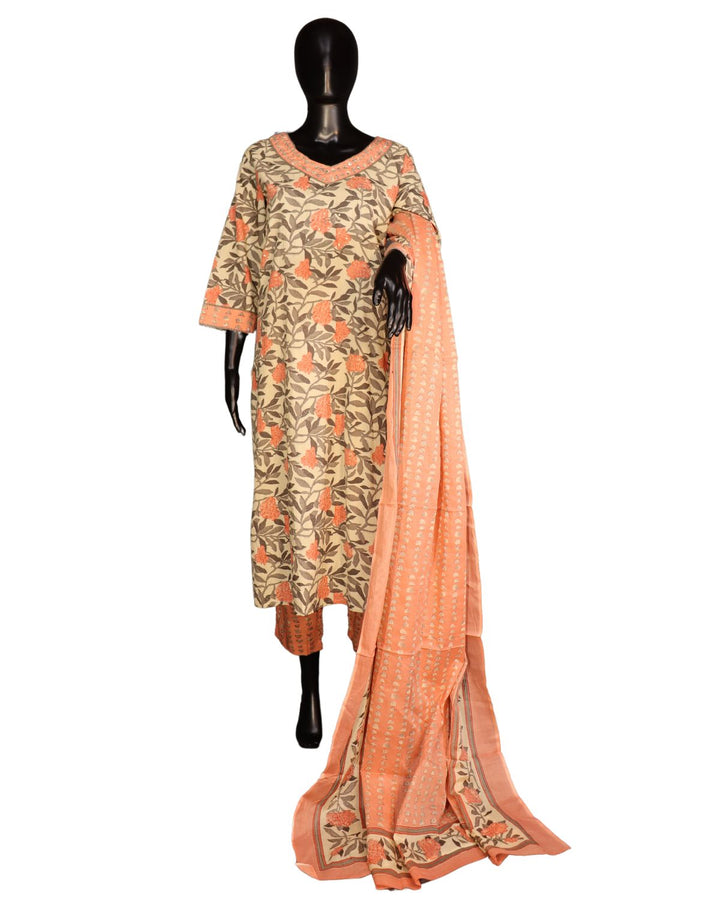 Pure Cotton Coffee Cream Salwar Suit with Pink Floral Work