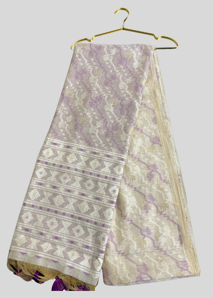 Cream soft muga cotton saree with jamdani weaving work [ SKU: S102652 ]
