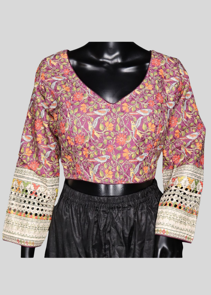 Magenta Chikankari With Kalamkari Print Readymade Blouse