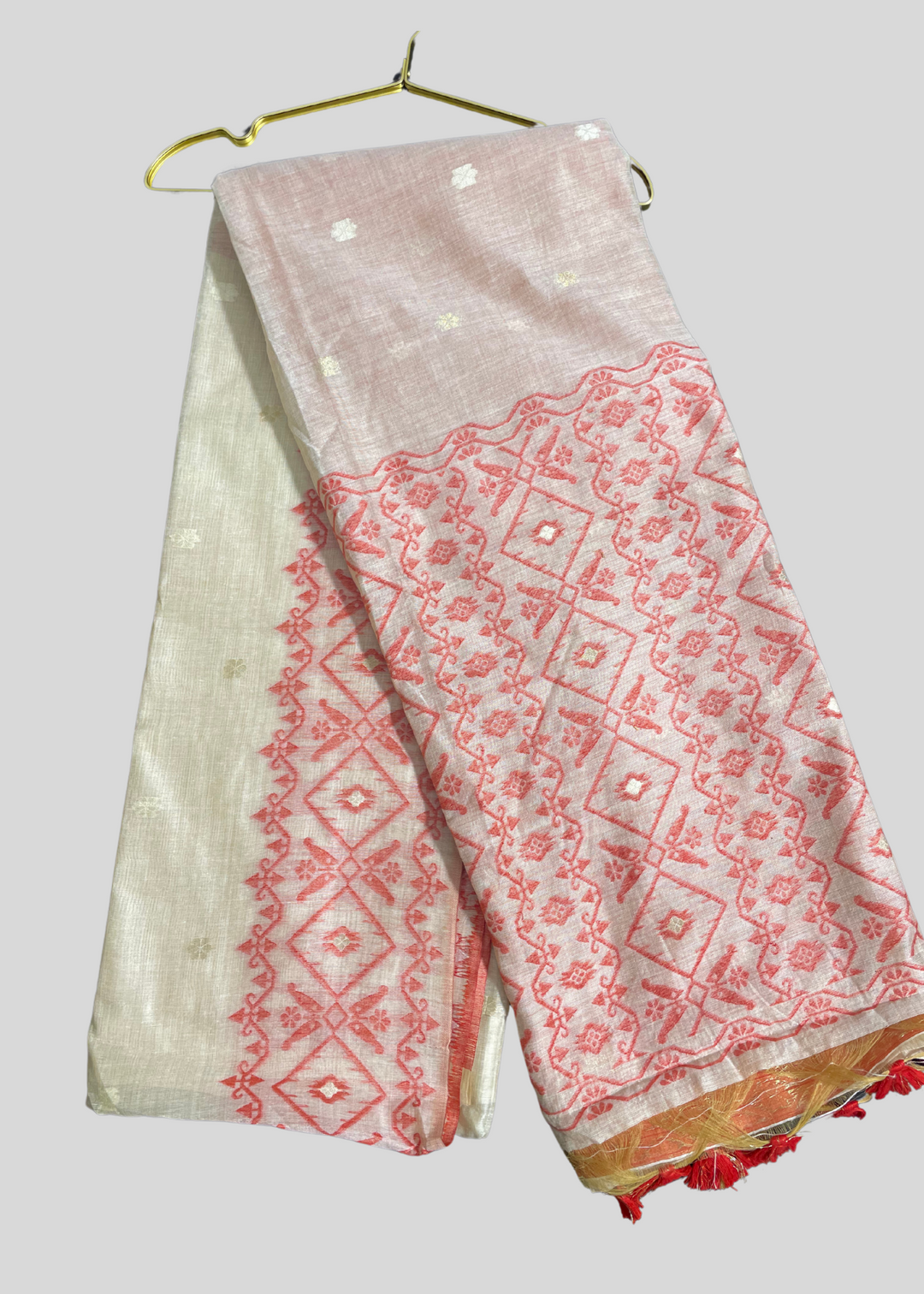 Off white and red color soft muga cotton saree with jamdani woven design [SKU:S103342]