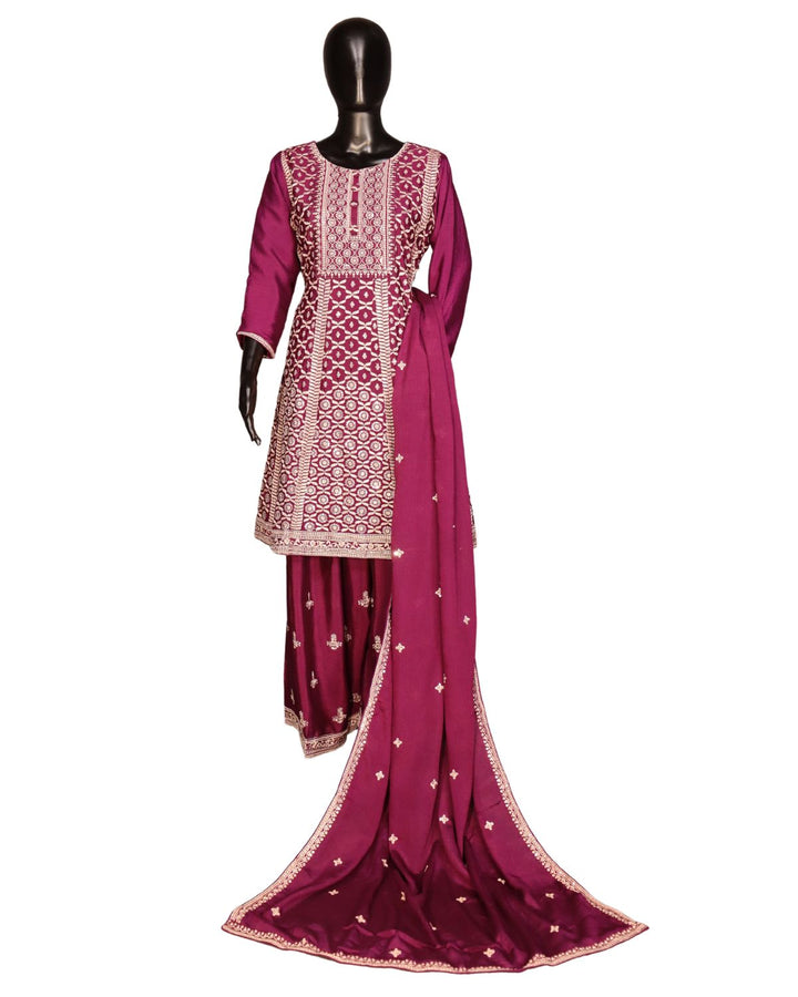 Purple Chinnon Silk Embroidery Worked Sharara Suit