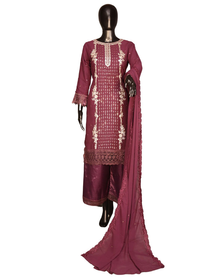 Wine Faux Georgette Exclusive Embroidery & Sequence Worked Pakistani Salwar Suit