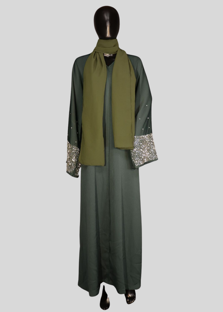 Green Premium Elegant Designer Abaya In Korean Zoom Fabric with Matching Georgette Hijab. [SKU A100400]