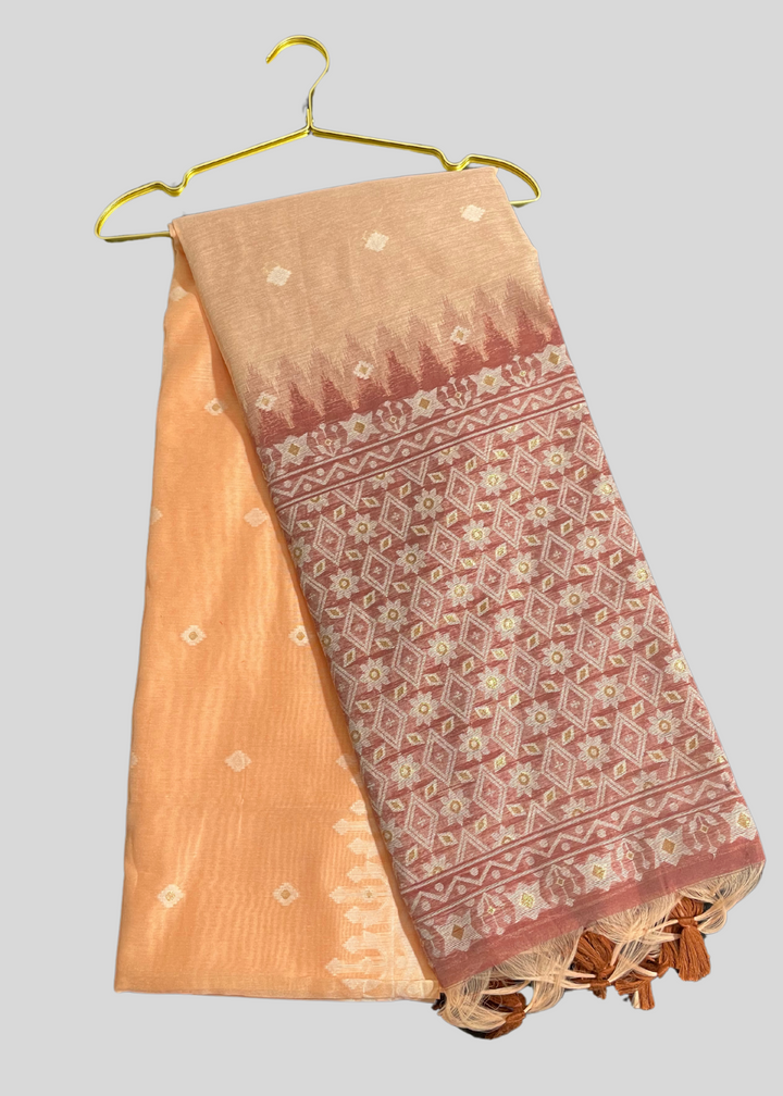Peach premium muga cotton saree with jamdani weaving work [ SKU: S102852 ]