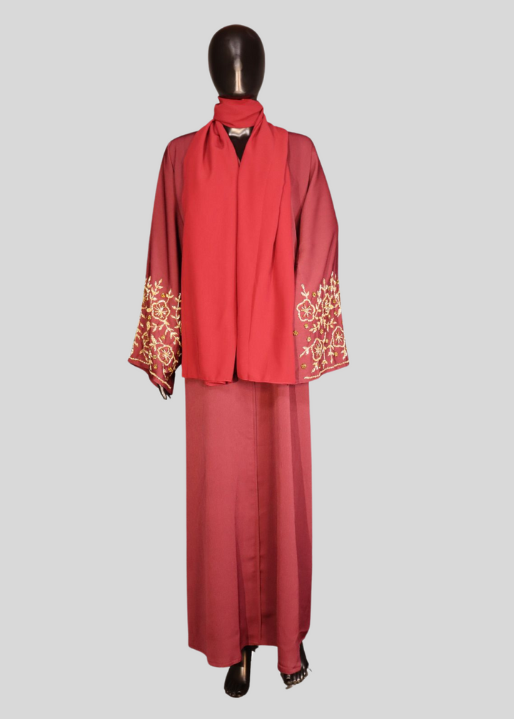 Wine Premium Elegant DesignerAbaya In Korean Zoom Fabric with Matching Georgette Hijab