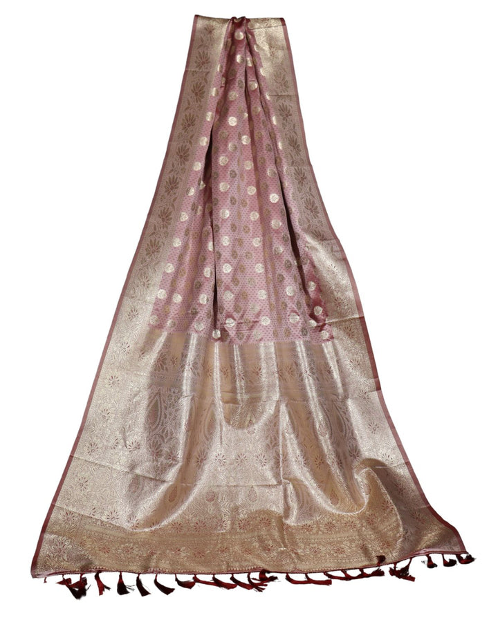 Peach kanjivaram soft satin silk saree with weaving butta work & rich pallu