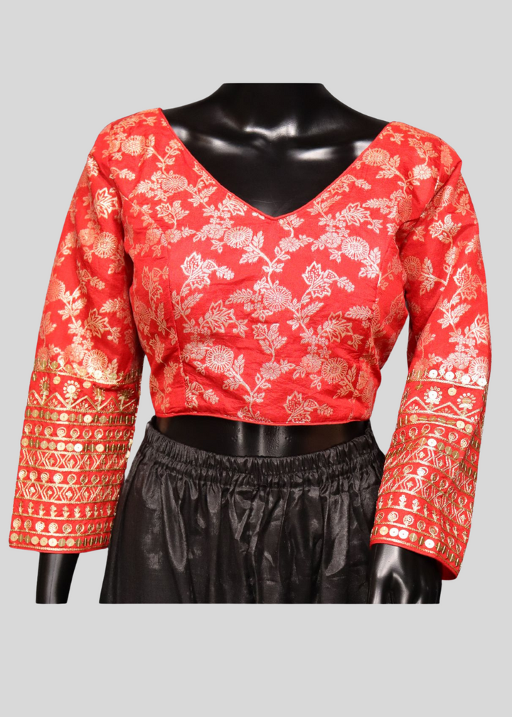 Red Dola Silk Readymade Blouse With Embroidery & Sequin Work