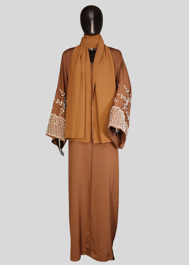 Brown Premium Elegant Designer Abaya In Korean Zoom Fabric with Matching Georgette Hijab