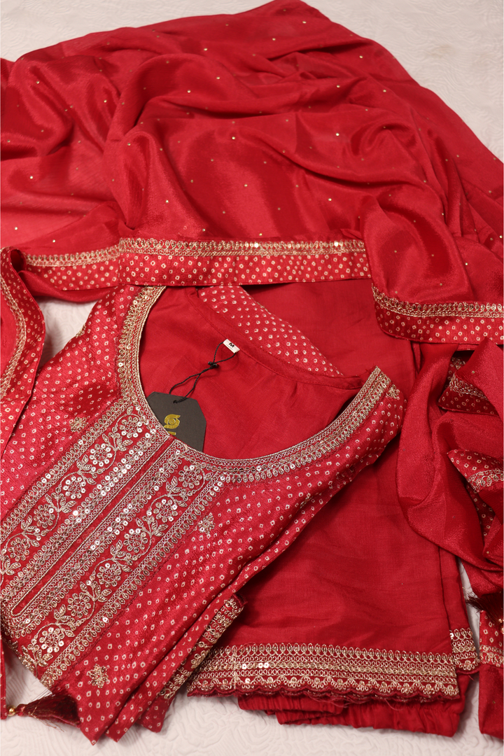 PRINTED CHINON WITH EMBROIDERY WORK RED [SKU:D100603]