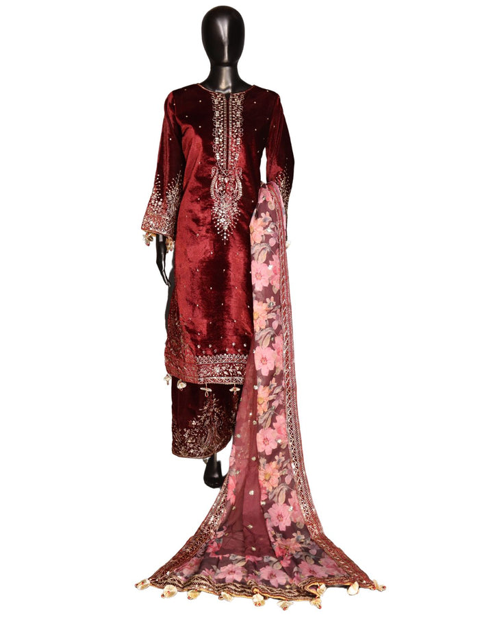 Maroon Heavy Pure Viscose Velvet With Embroidery Worked Salwar Suits