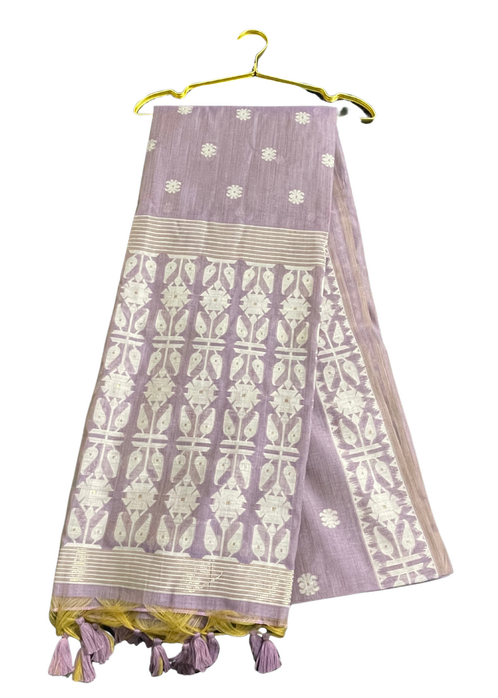 Lavender soft muga cotton saree with jamdani weaving work [SKU:S101952]