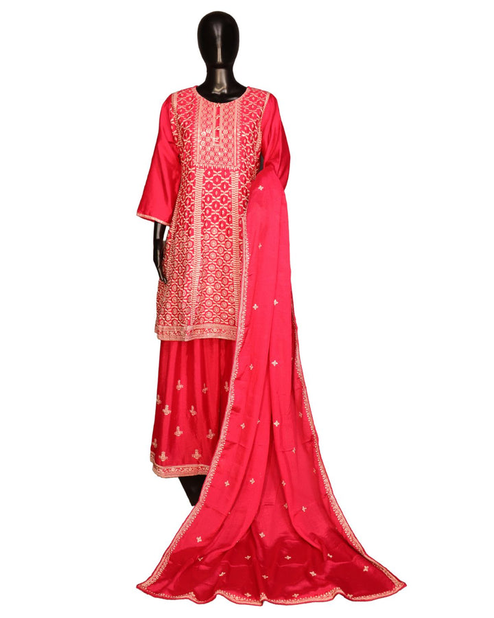 Rani Pink Chinnon Silk Embroidery Worked Sharara Suit