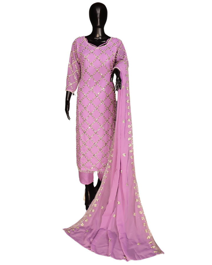 Purple Real Hand Work Sequence Embroidered Suits