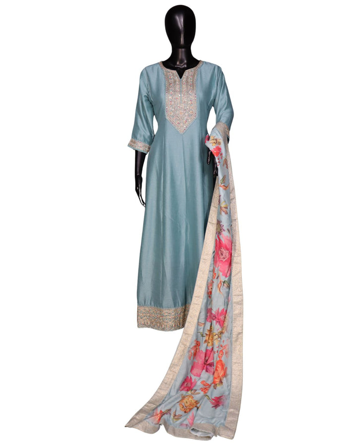 Sky Blue Exclusive Dola Silk Sequins Worked Anarkali Suit