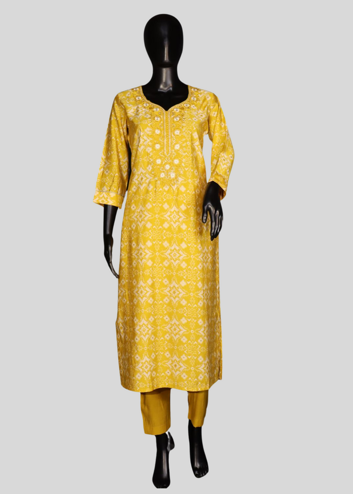 Yellow Pure Cotton Printed Salwar Suit With Embroidery Work
