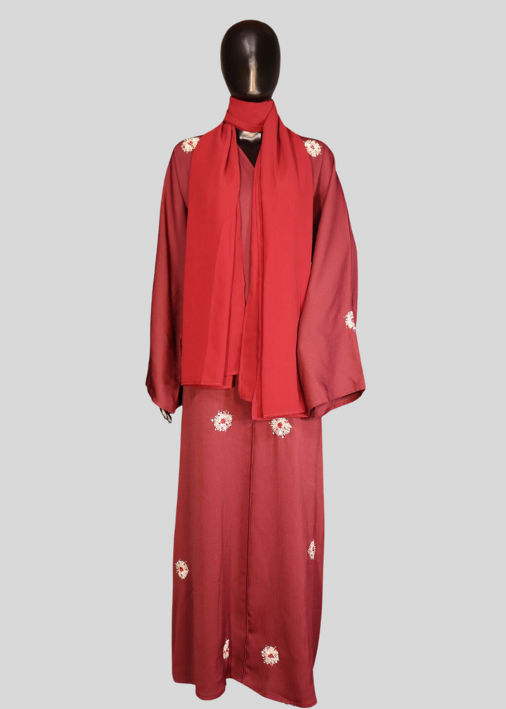 Maroon Premium Elegant Designer Abaya In Korean Zoom Fabric with Matching Georgette Hijab