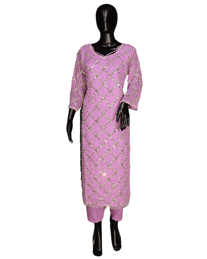 Purple Real Hand Work Sequence Embroidered Suits