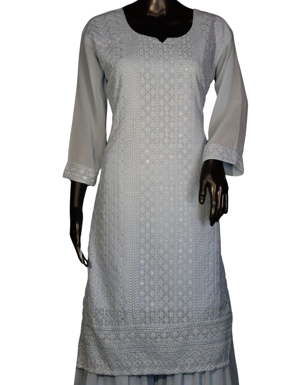 Baby Blue Faux georgette Schiffli Worked Sharara Suit