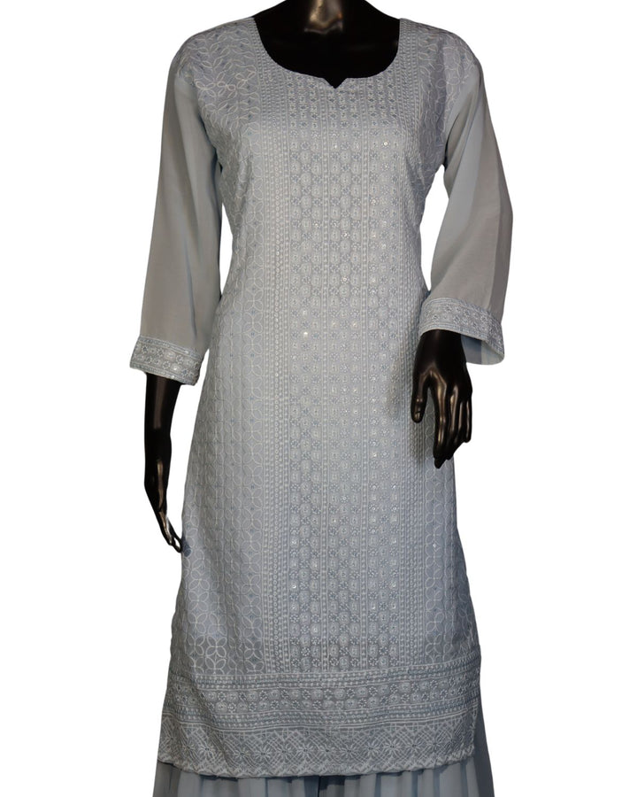 Baby Blue Faux georgette Schiffli Worked Sharara Suit