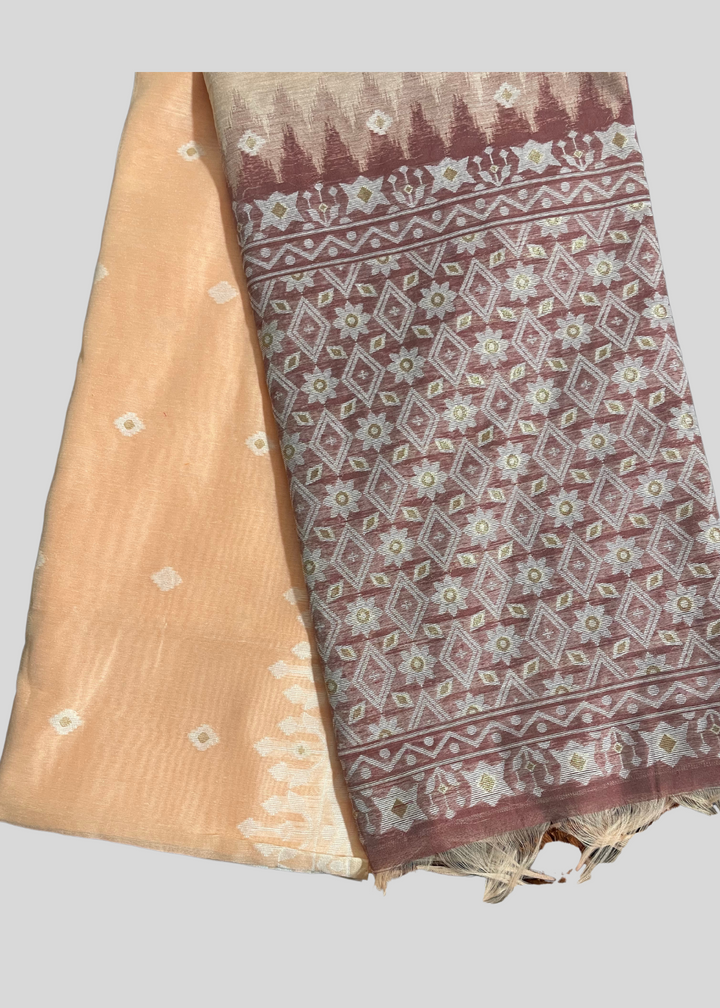 Peach premium muga cotton saree with jamdani weaving work [ SKU: S102852 ]