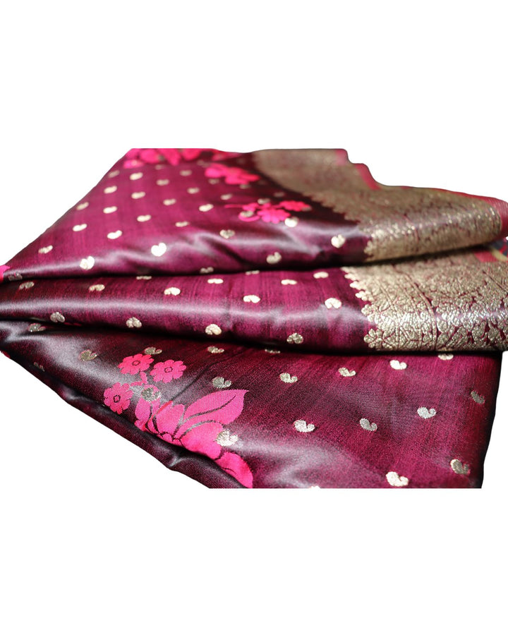 Maroon kanjivaram satin silk saree with zari weaving border & designer rich pallu