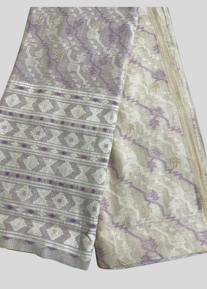 Cream soft muga cotton saree with jamdani weaving work [ SKU: S102652 ]