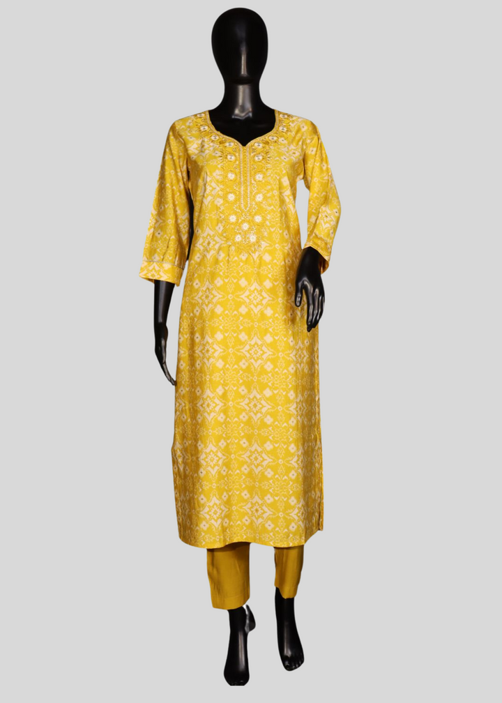 Yellow Pure Cotton Printed Salwar Suit With Embroidery Work