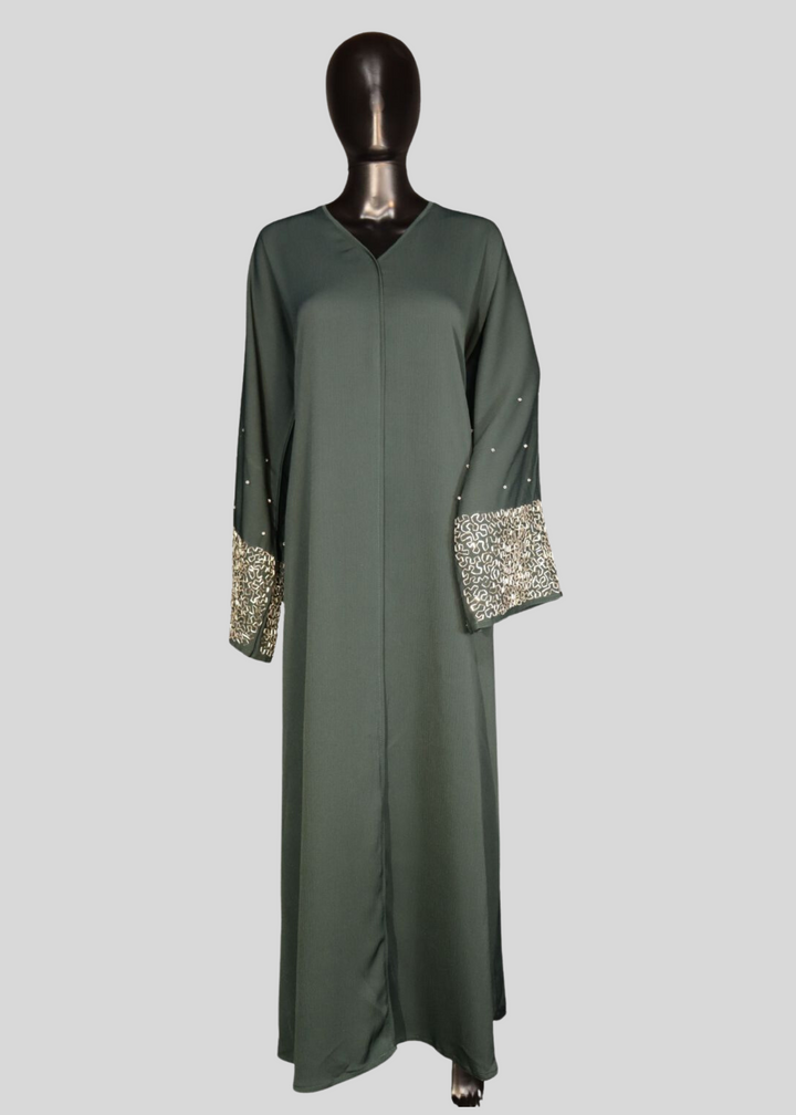 Green Premium Elegant Designer Abaya In Korean Zoom Fabric with Matching Georgette Hijab. [SKU A100400]