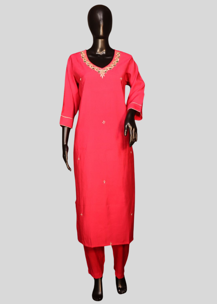 Hot Pink Roman Silk Salwar Suit With Neck Work