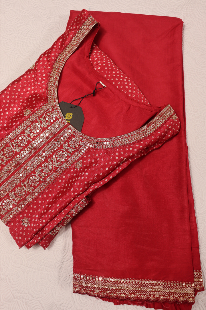 PRINTED CHINON WITH EMBROIDERY WORK RED [SKU:D100603]