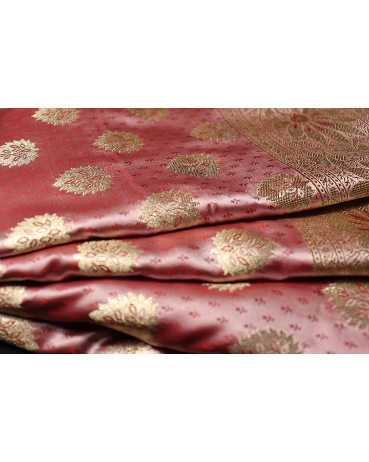 Peach kanjivaram soft satin silk saree with weaving butta work & rich pallu