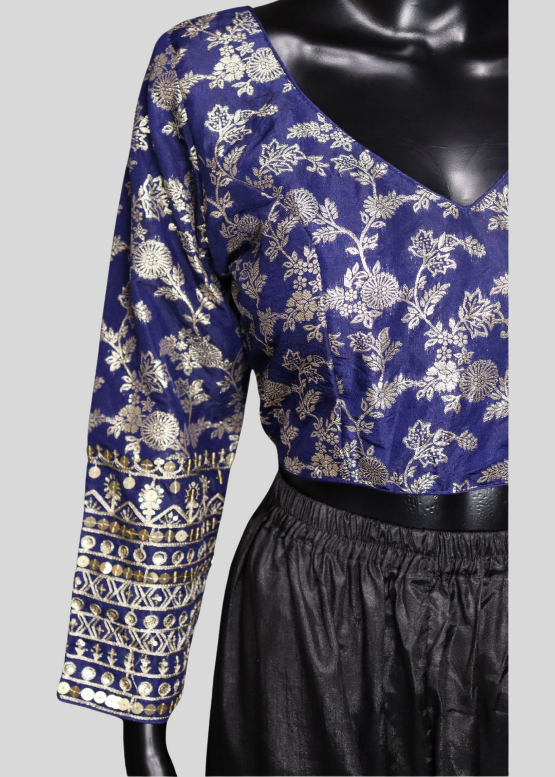 Navy Blue Dola Silk Readymade Blouse With Embroidery & Sequin Work