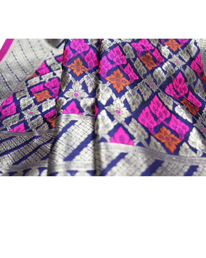 Navy blue color banarasi silk saree with golden zari weaving work