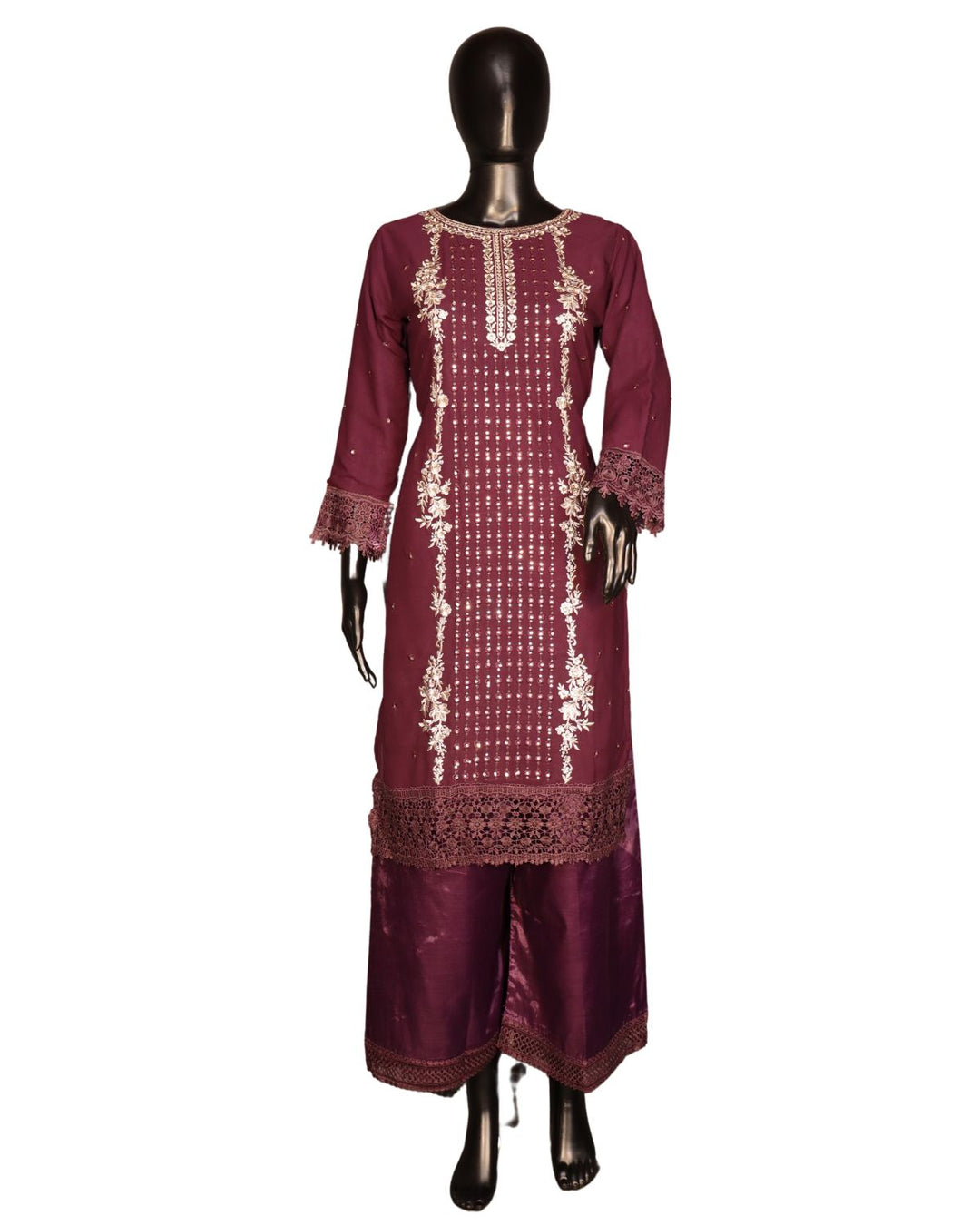 Wine Faux Georgette Exclusive Embroidery & Sequence Worked Pakistani Salwar Suit