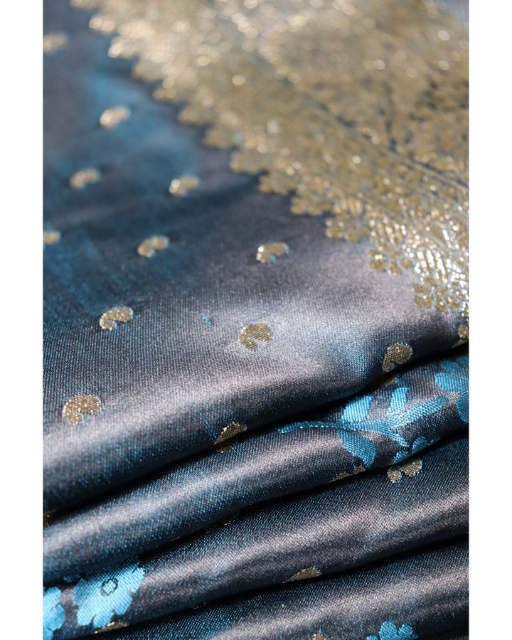 Dark firoji kanjivaram satin silk saree with zari weaving border & designer rich pallu