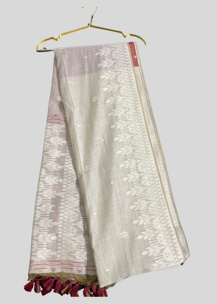 Cream soft muga cotton saree with jamdani weaving work [ SKU: S103052 ]