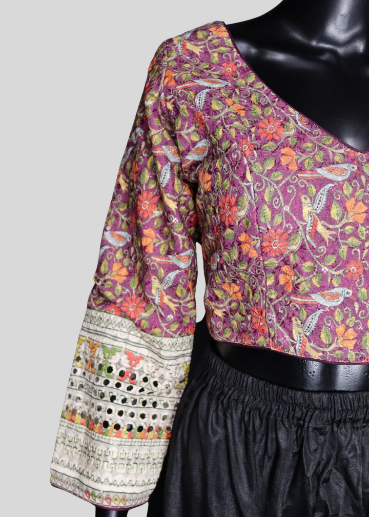Magenta Chikankari With Kalamkari Print Readymade Blouse